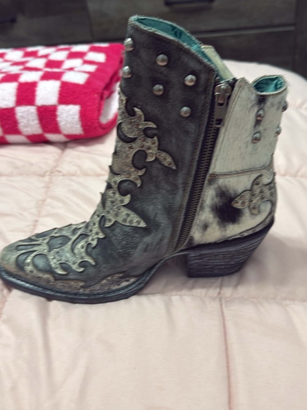 Teal Suede & Cream Hair-On Western Ankle Boot with Stud Accents